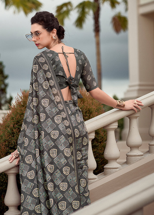 Steel Grey Printed Cotton Silk Saree