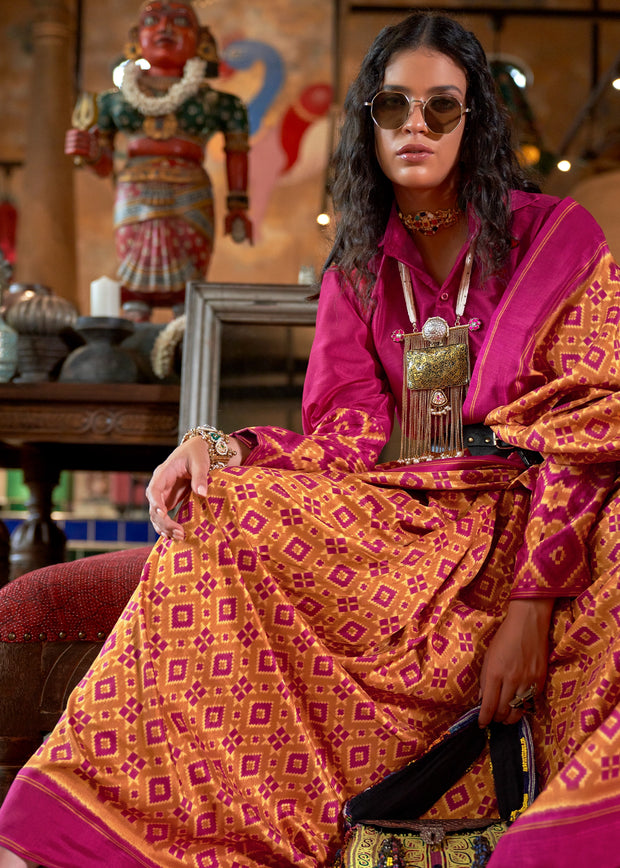 Orange And Pink Printed Patola Silk Saree