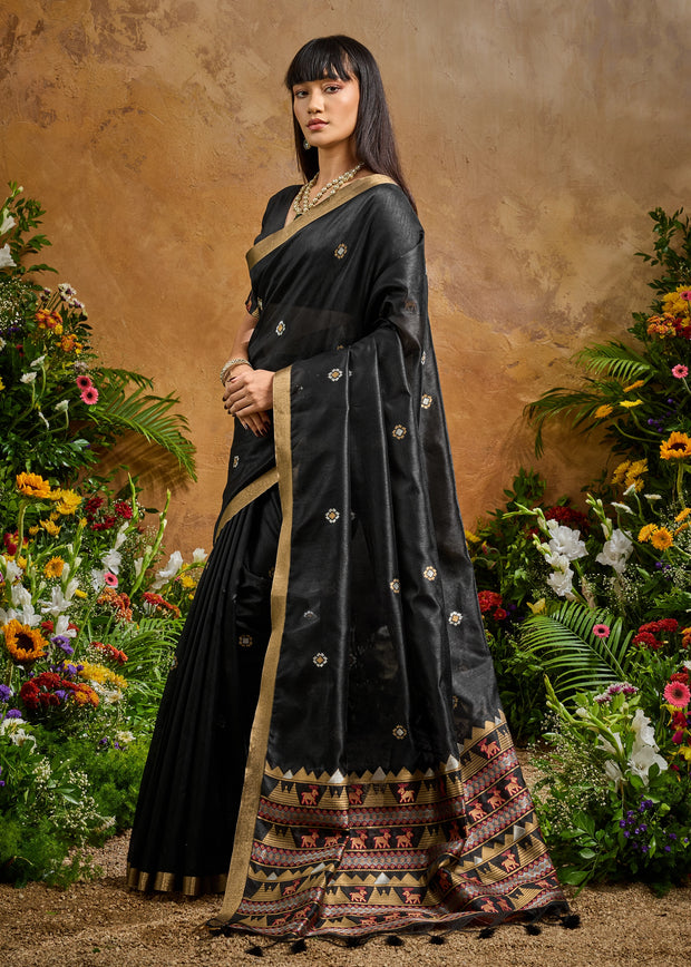Midnight Black Woven Banarasi Silk Saree