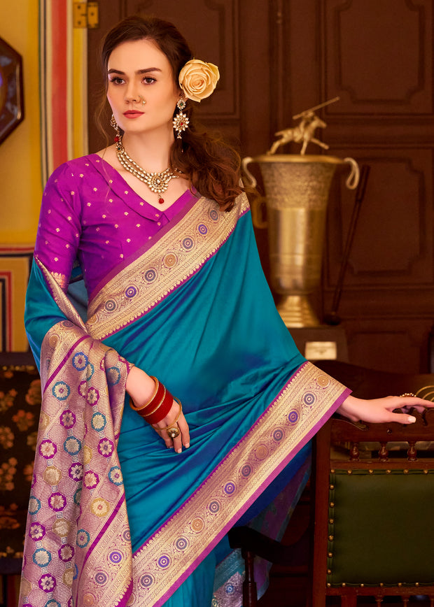 Swedish Blue Woven Banarasi Soft Silk Saree