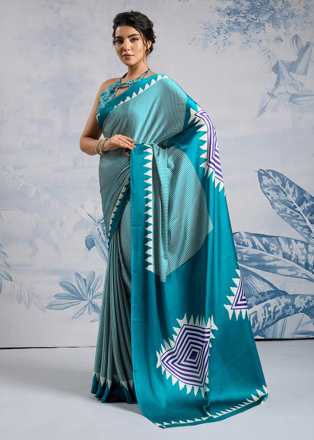 Teal Blue Printed Satin Silk Saree