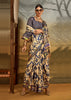 Blue And Beige Printed Satin Silk Saree