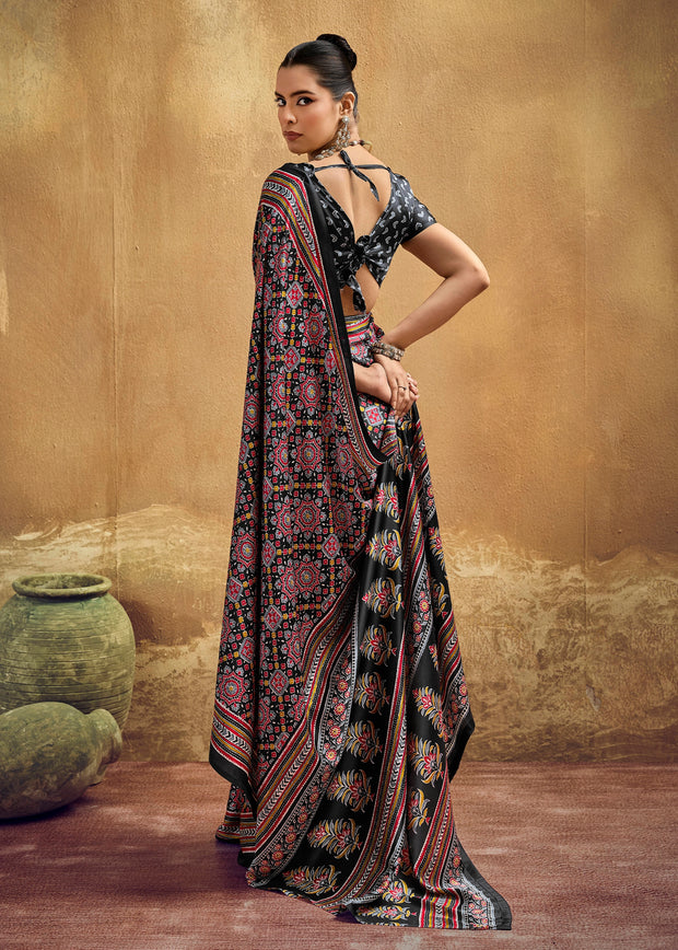 Black Printed Satin Silk Saree