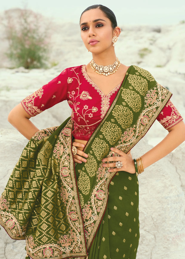 Bottle Green Woven Banarasi Embroidered Soft Silk Saree