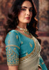 Cream And Blue Designer Satin Silk Saree With Embroidered Blouse