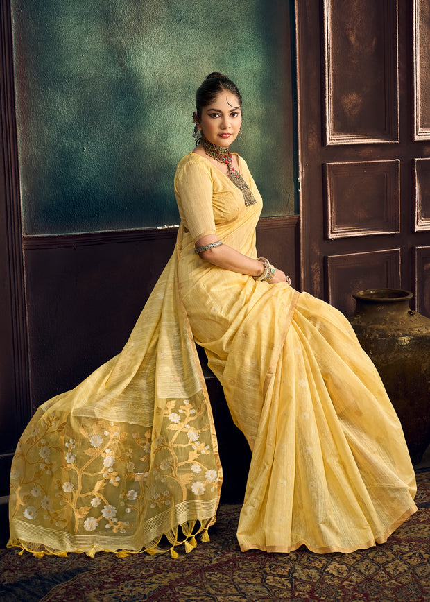 Yellow Woven Munga Cotton Silk Saree