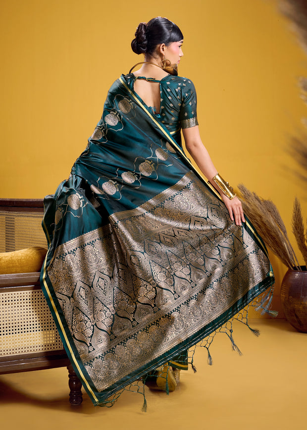 Pacific Green Banarasi Satin Silk Saree