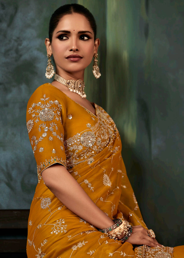 Marigold Yellow Designer Embroidered Saree