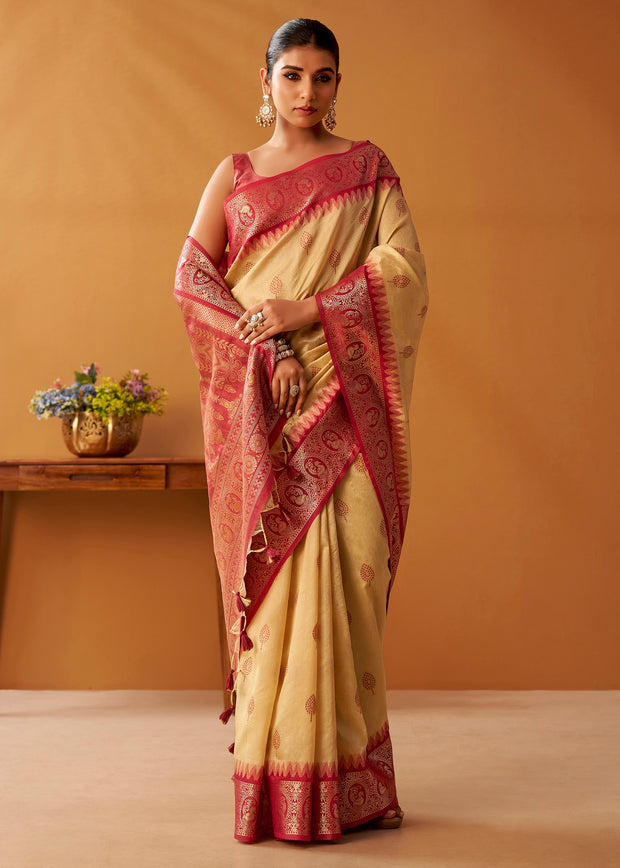 Cream Woven Banarasi Cotton Silk Saree