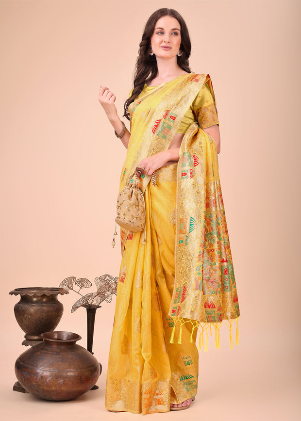 Blazing Yellow Woven Linen Cotton Silk Saree
