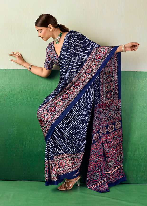 Denim Blue Printed Satin Silk Saree