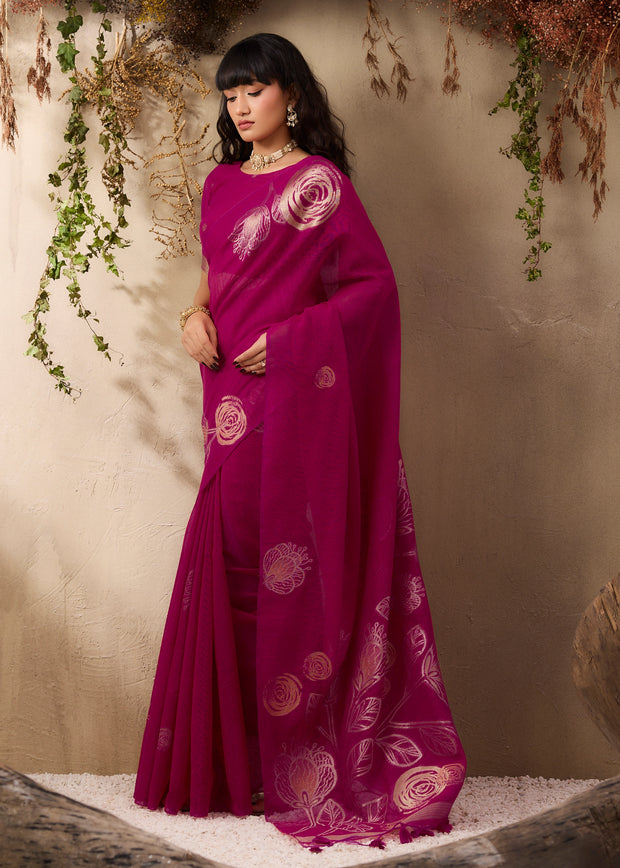 Magenta Pink Woven Soft Silk Saree