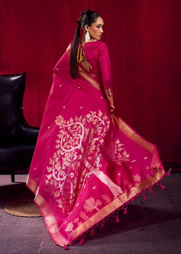 Fuchsia Pink Banarasi Satin Linen Silk Saree