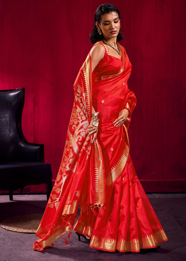 Spanish Red Banarasi Satin Linen Silk Saree
