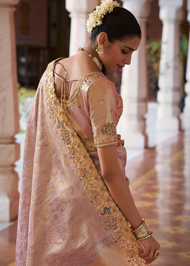 Dusty Lilac Bead Work Kanjivaram Soft Silk Saree