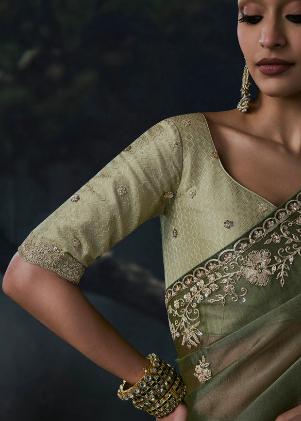 Olive Green Embroidered Designer Saree
