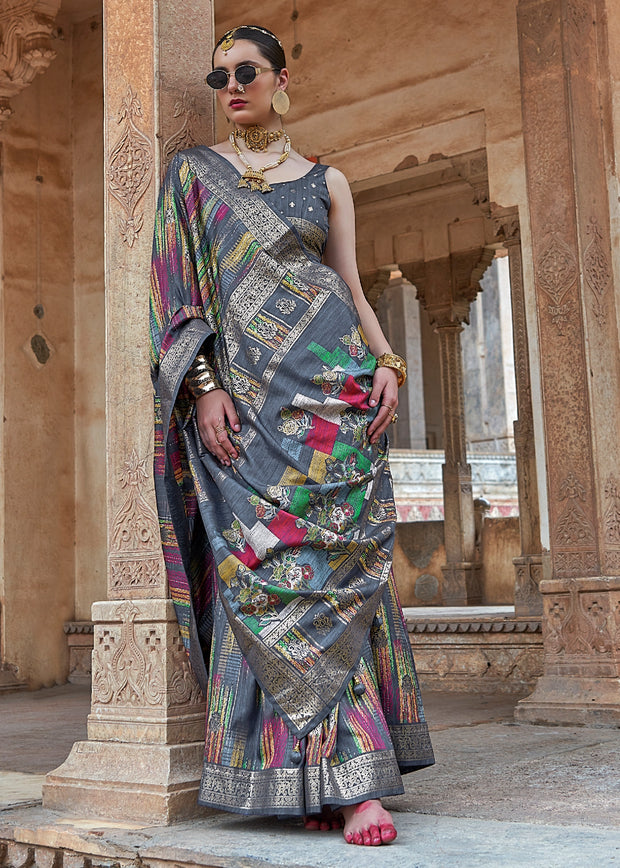 Frost Grey Printed Soft Silk Saree