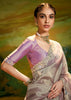 Slate Grey Heavy Embroidered Designer Silk Saree With contrast Blouse