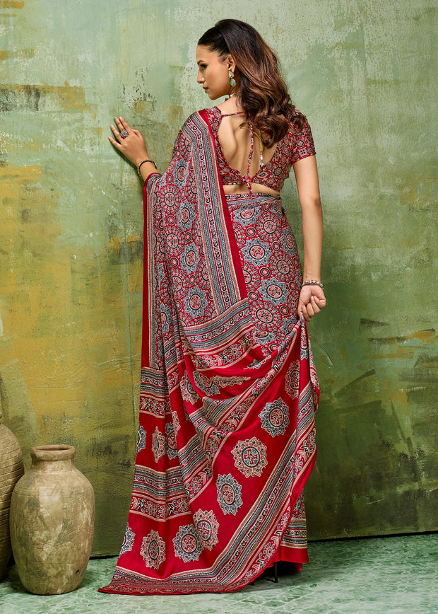 Red Printed Satin Silk Saree