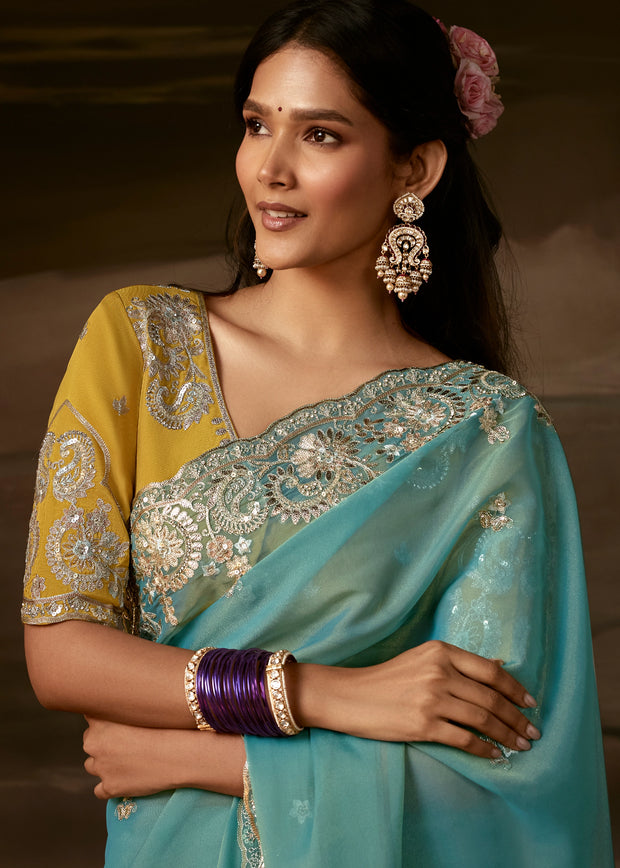 Aqua Blue Embroidered Designer Organza Saree