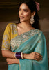 Aqua Blue Embroidered Designer Organza Saree