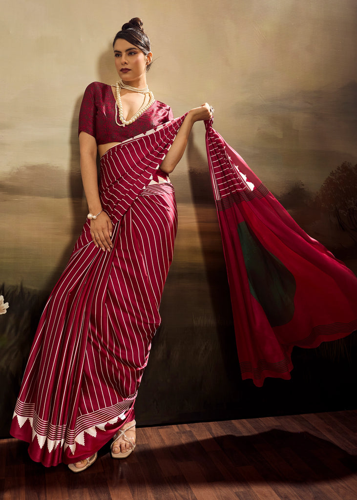 Maroon Printed Satin Silk Saree