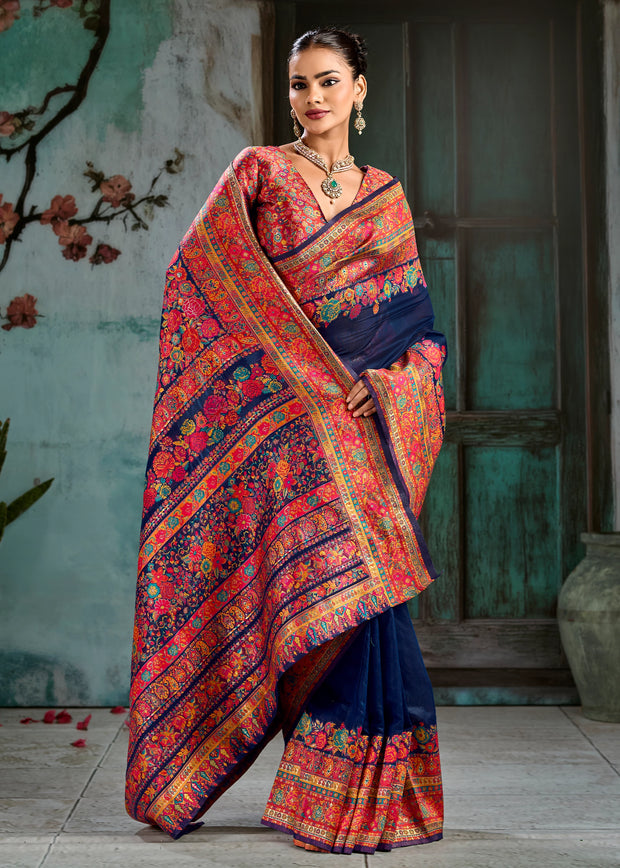 Navy Blue Woven Cotton Kashmiri Jamewar Saree
