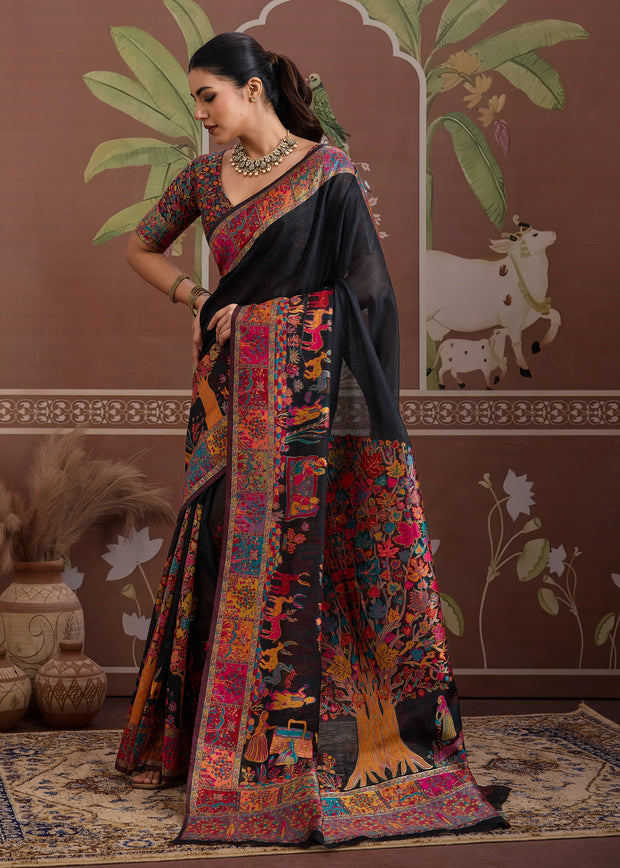 Pirate Black Woven Cotton Kashmiri Jamewar Saree