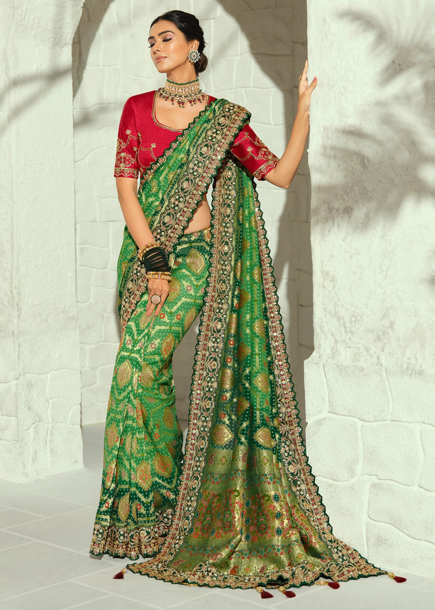 2-Shades Green Embroidered Georgette Bandhej Saree