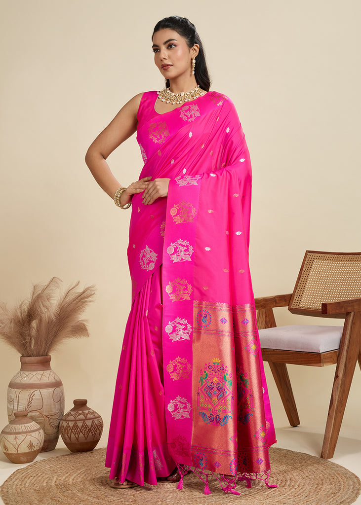 Queen Pink Woven Bronze Zari Paithani Silk Saree