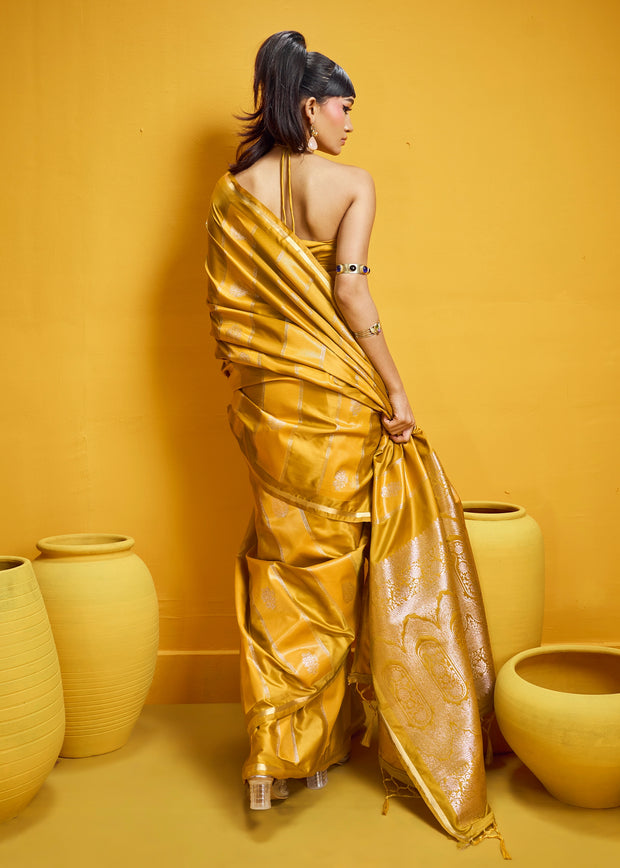 Golden Yellow Woven Banarasi Satin Silk Saree