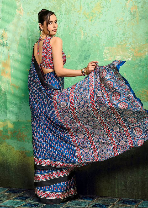 Blue Printed Satin Silk Saree