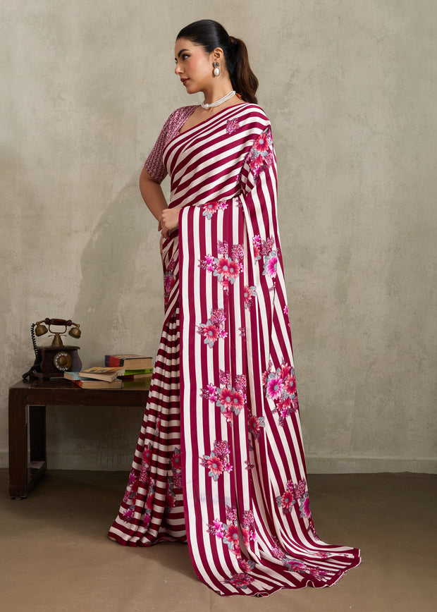 Mauve Pink Printed Satin Silk Saree