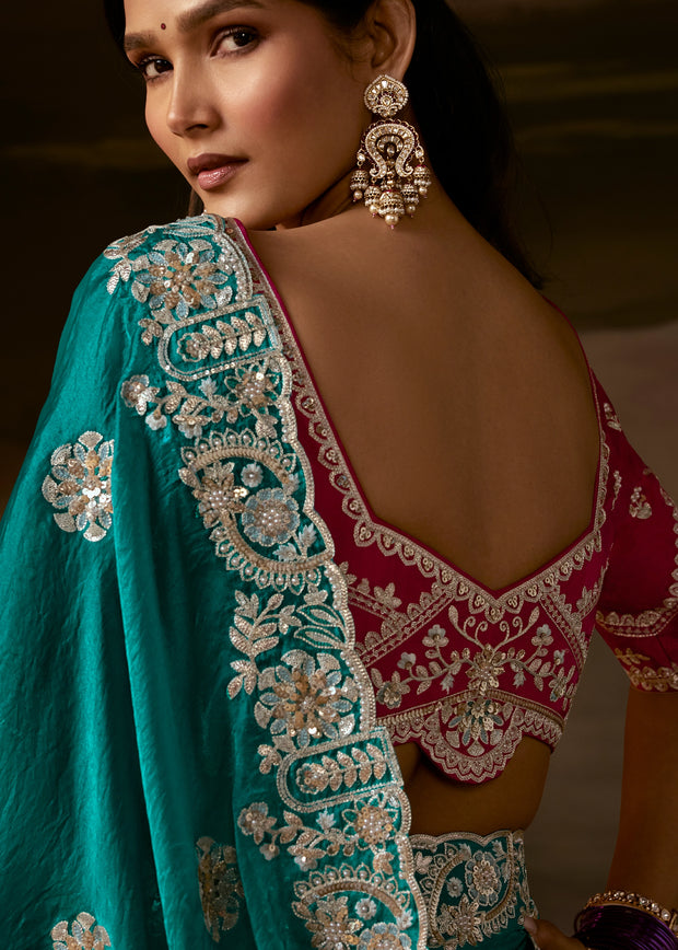 Teal Green Embroidered Designer Organza Saree