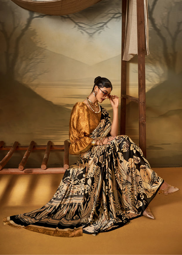 Cream And Black Printed Satin Silk Saree