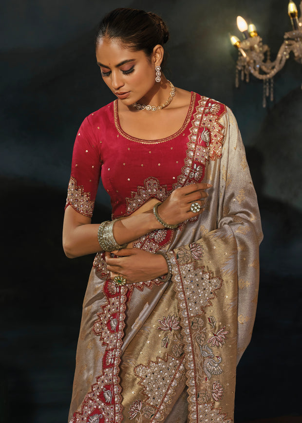 Golden Beige Embroidered Tanchoi Silk Saree