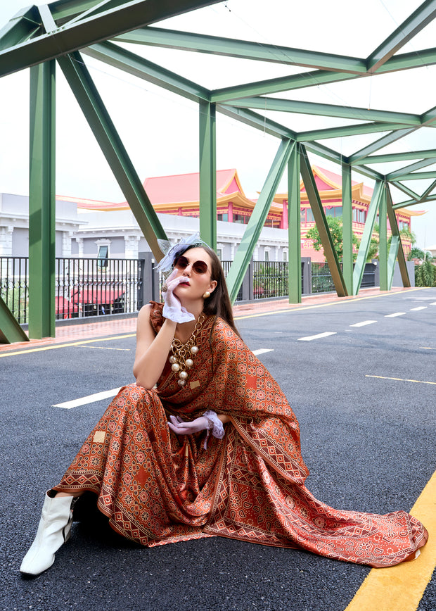 Caramel Brown Satin Crepe Digital Printed Saga Saree With Contrast Blouse