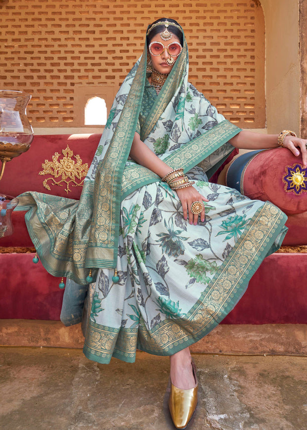 Dusky Green Floral Printed Silk Saree With Contrast Border