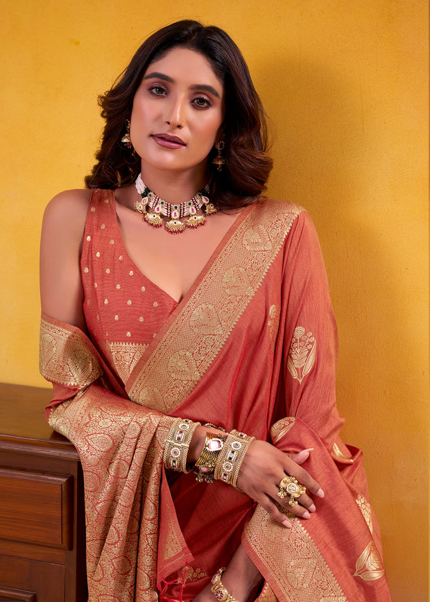 Orange Peach Woven Tusser Silk Saree