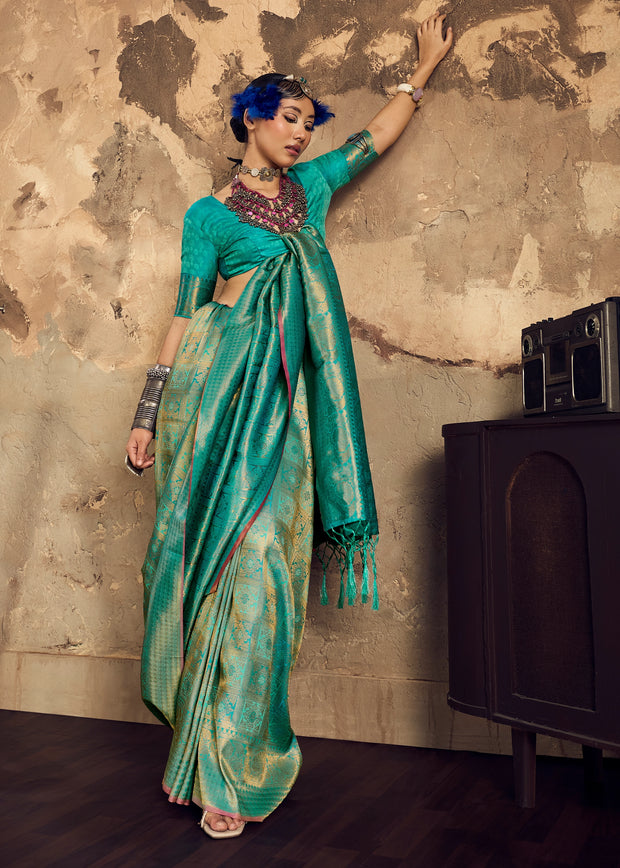 Peacock Green Woven Kanjivaram Silk Saree