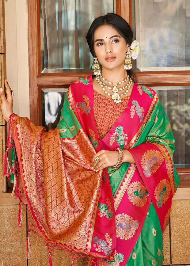 Green & Red Woven Banarasi SIlk Saree