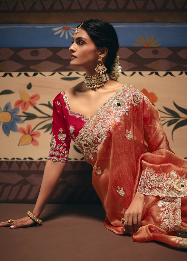 Rust Orange Embroidered Designer Saree