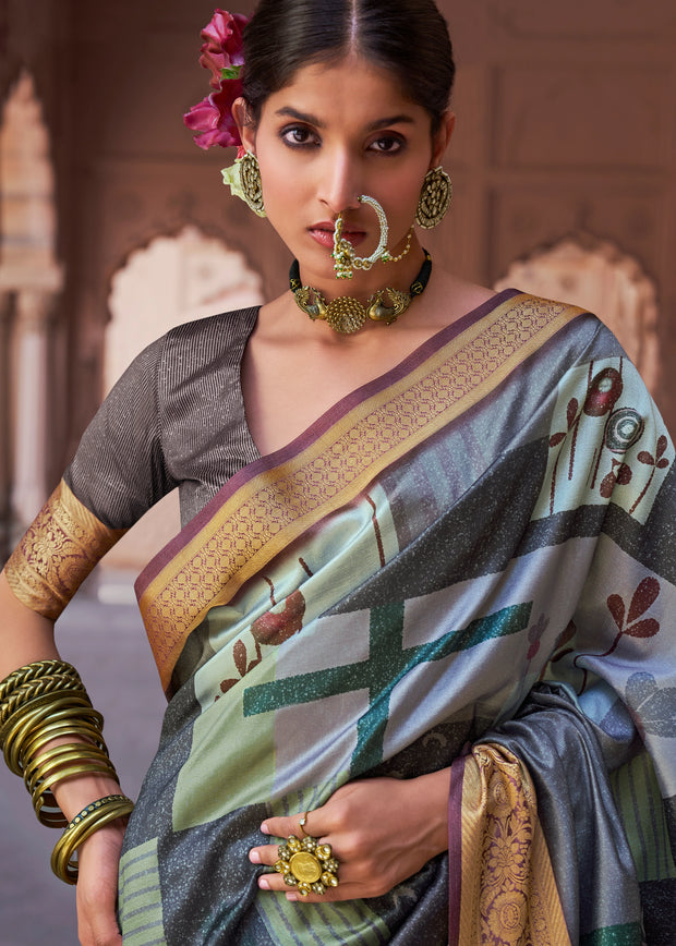 Frost Grey Banarasi Digital Printed Silk Saree