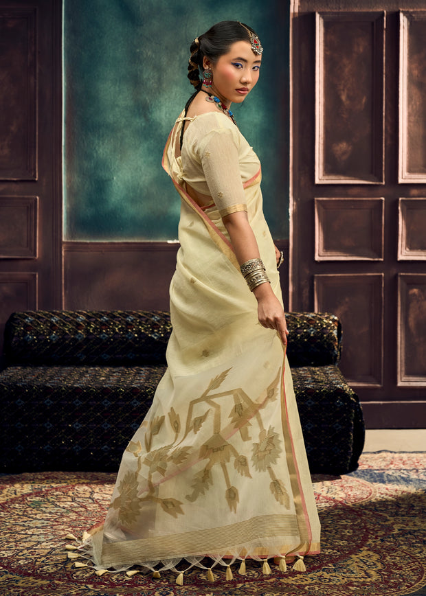 Cream Yellow Woven Cotton Silk Saree
