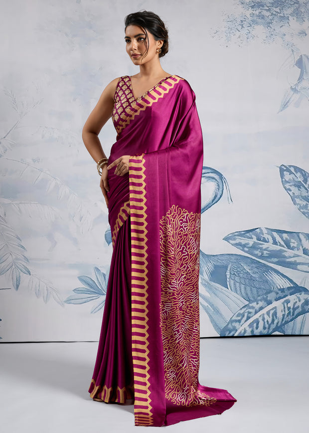 Fuchsia Purple Satin Silk Saree with Ajrakh Printed Pallu and Blouse