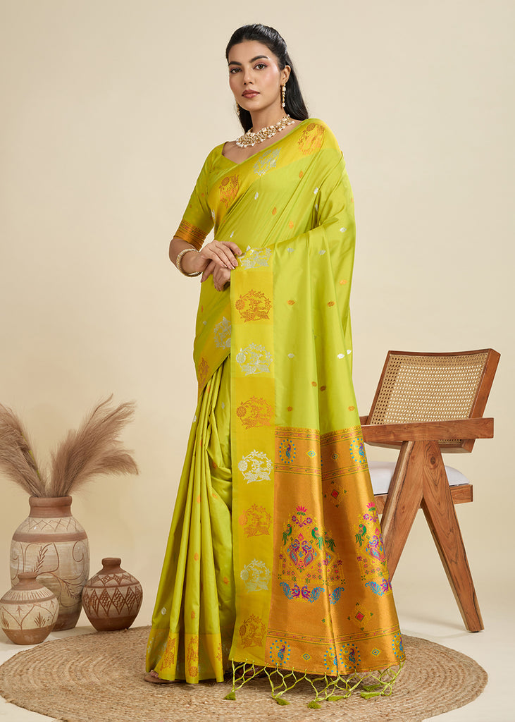 Lime Green Woven Bronze Zari Paithani Silk Saree