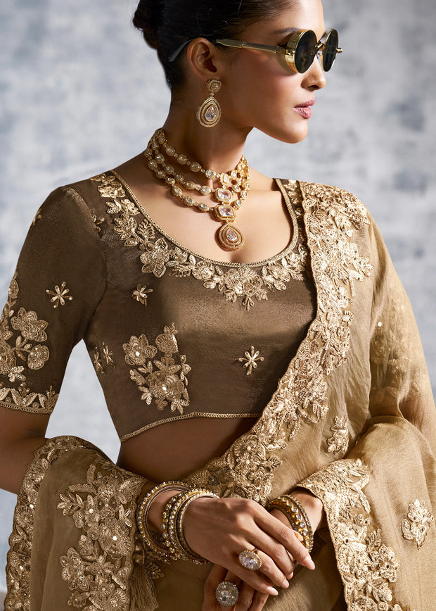 Almond Beige Embroidered Tissue Silk Saree