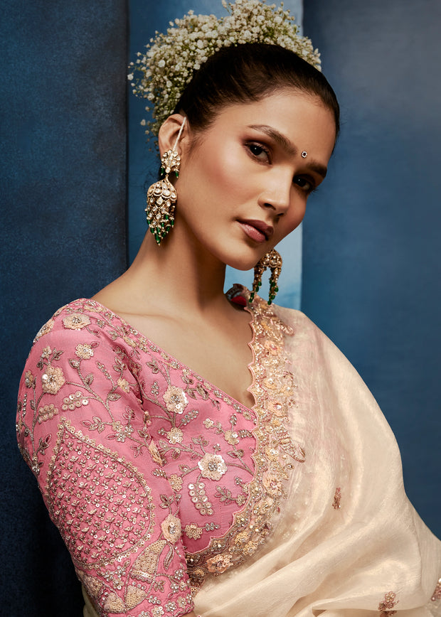 Snow White Embroidered Designer Tissue Saree