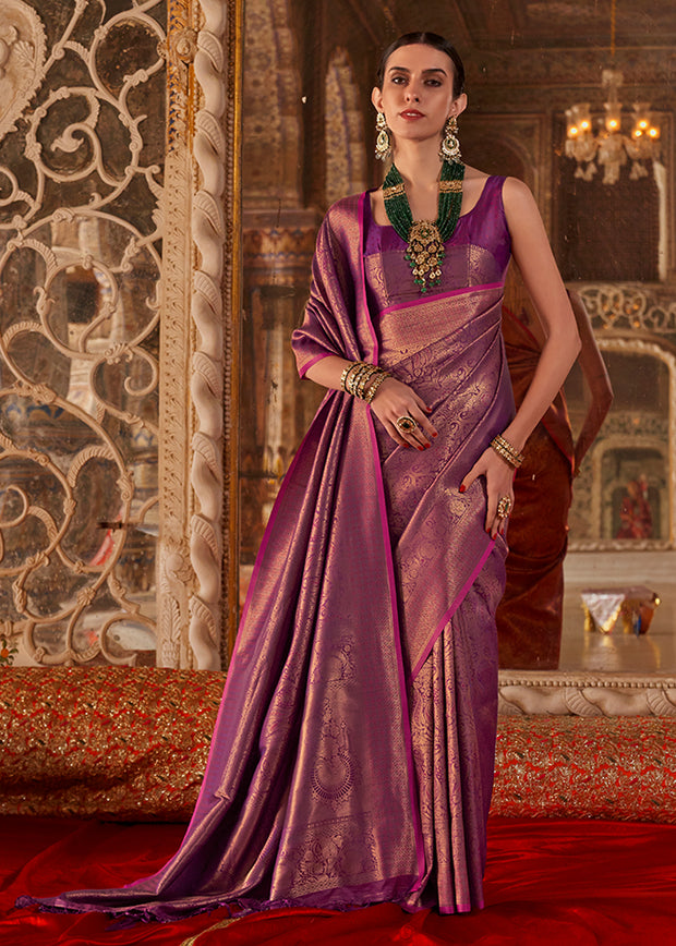 Wine purple Kanjivaram silk saree with traditional gold zari weaving