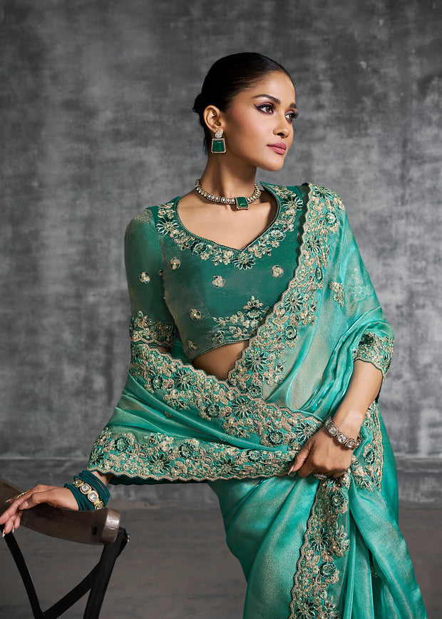 Sea Green Embroidered Tissue Silk Saree